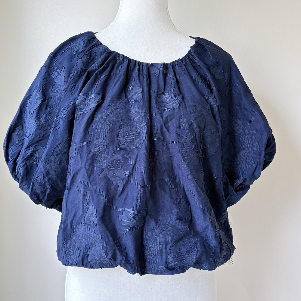 Ophelia Roe Puff Sleeve Crop Top Medium Navy Appliqué Fairy Feminine Lined